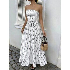 Polka Dot Ruched Strapless Maxi Dress